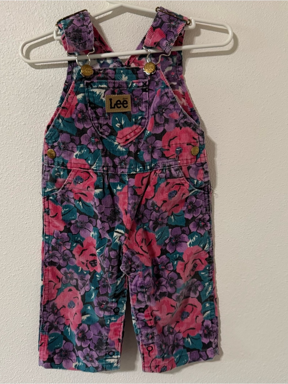 Vintage 80s  Lee Floral Corduroy Overalls Pink Purple USA Made Snap Crotch-12M